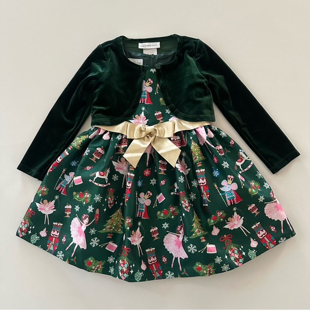 Bonnie Jean 2T Toddler Girl Holiday Christmas Dress Cardigan Set Nutcracker Bow
